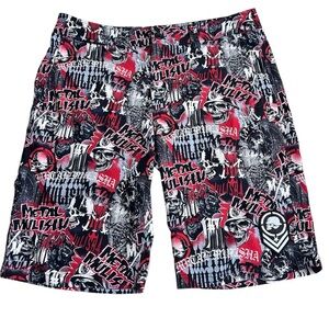 Metal Mulisha Board Shorts Size 34 All Over Print Skulls Y2K Motocross 3 Pockets